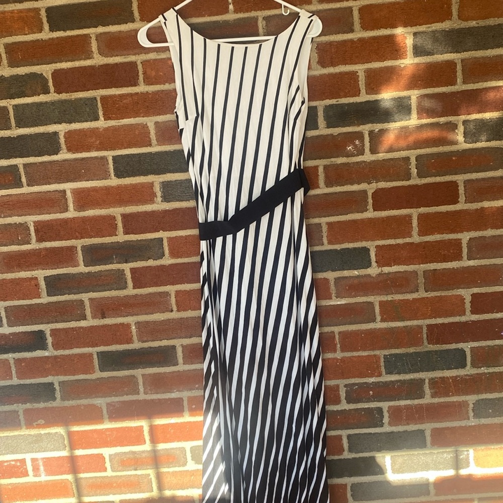 Ann Taylor White/ Black Striped Sleeveless Belted Long Maxi Dress